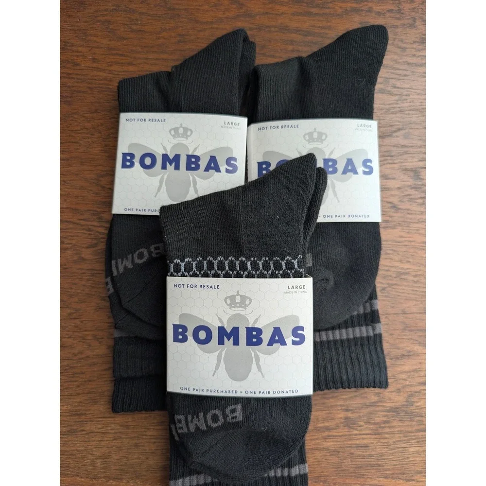 Bombas Crew Socks Mens Large Black New 3 Pair Pack Honeycomb Arch Support Logo
